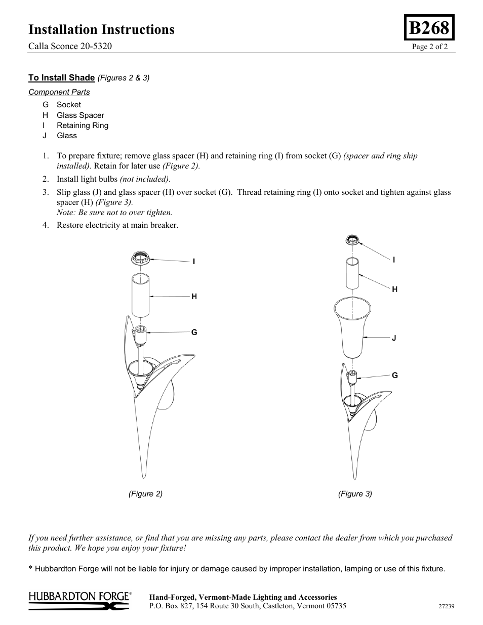 B268, Installation instructions | Hubbardton Forge 205320 User Manual | Page 2 / 2