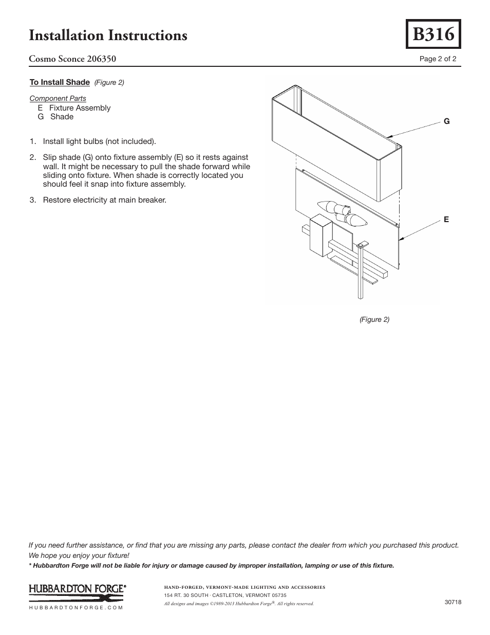 B316, Installation instructions | Hubbardton Forge 206350 User Manual | Page 2 / 2
