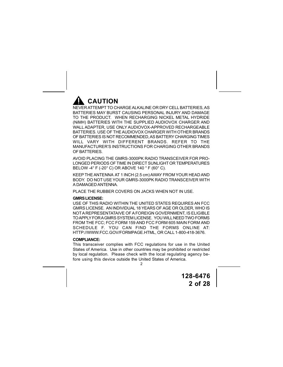 Caution | Audiovox GMRS-3000PK User Manual | Page 2 / 28