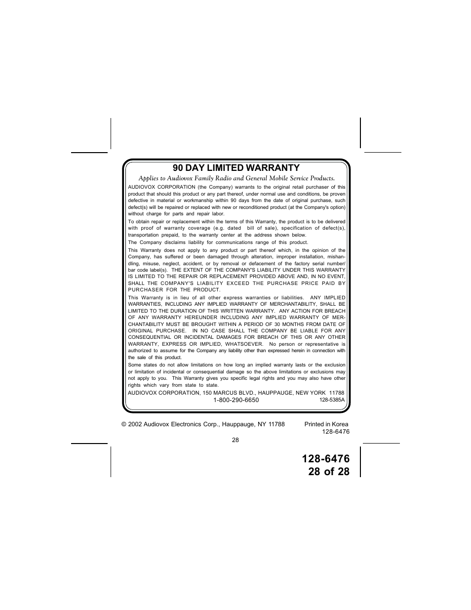 90 day limited warranty | Audiovox GMRS-3000PK User Manual | Page 28 / 28