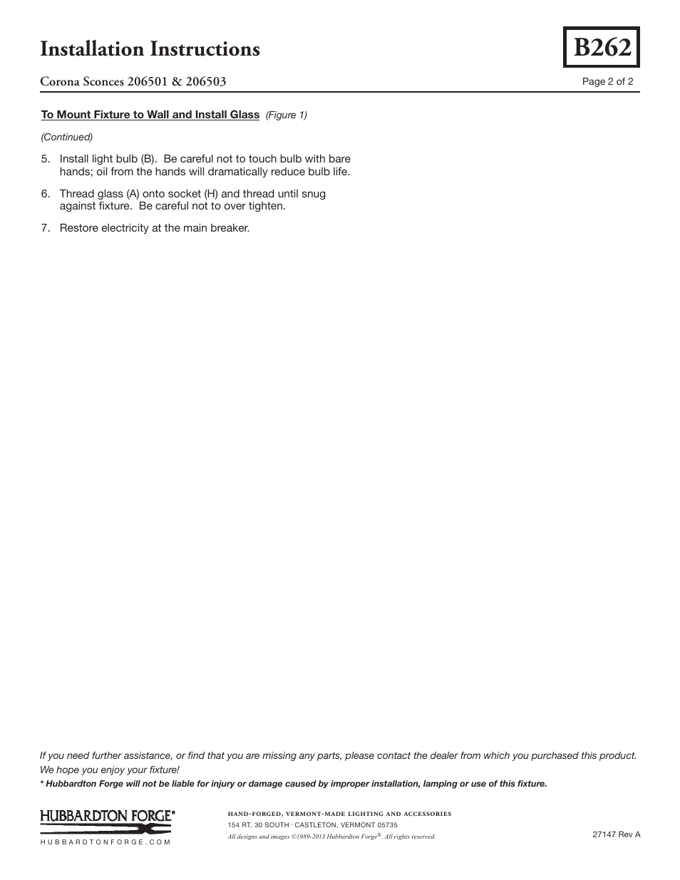 B262, Installation instructions | Hubbardton Forge 206501 User Manual | Page 2 / 2