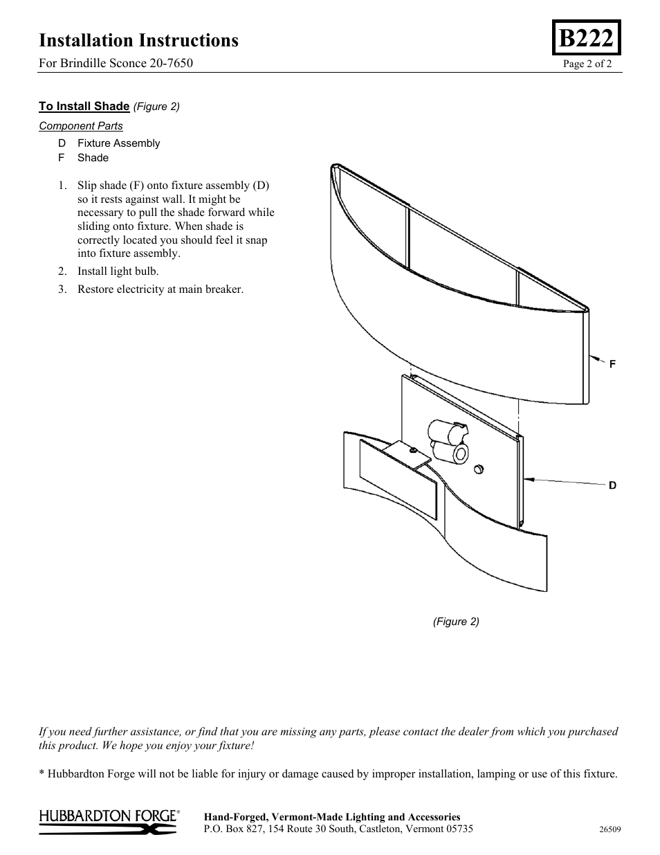 B222, Installation instructions | Hubbardton Forge 207650 User Manual | Page 2 / 2