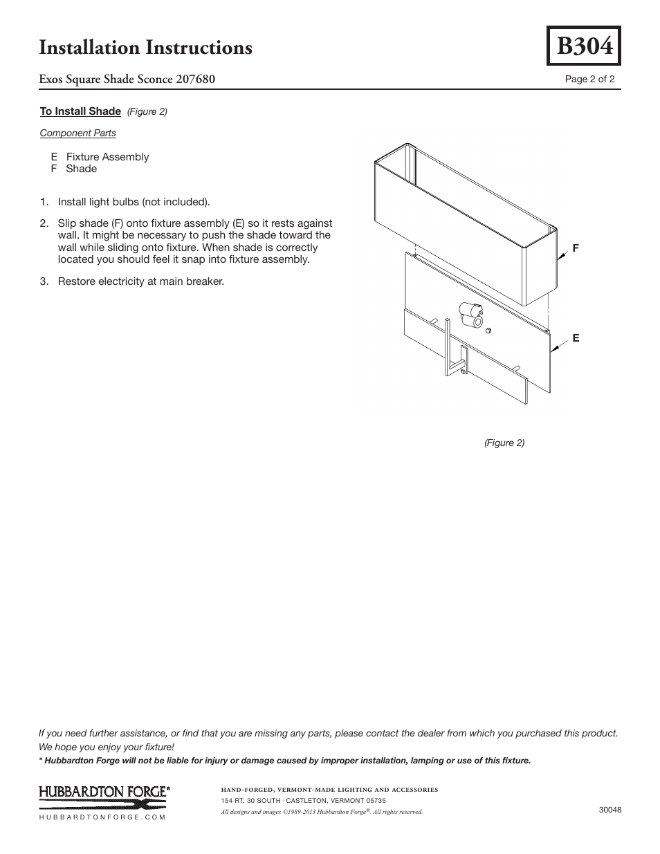 B304, Installation instructions | Hubbardton Forge 207680 User Manual | Page 2 / 2