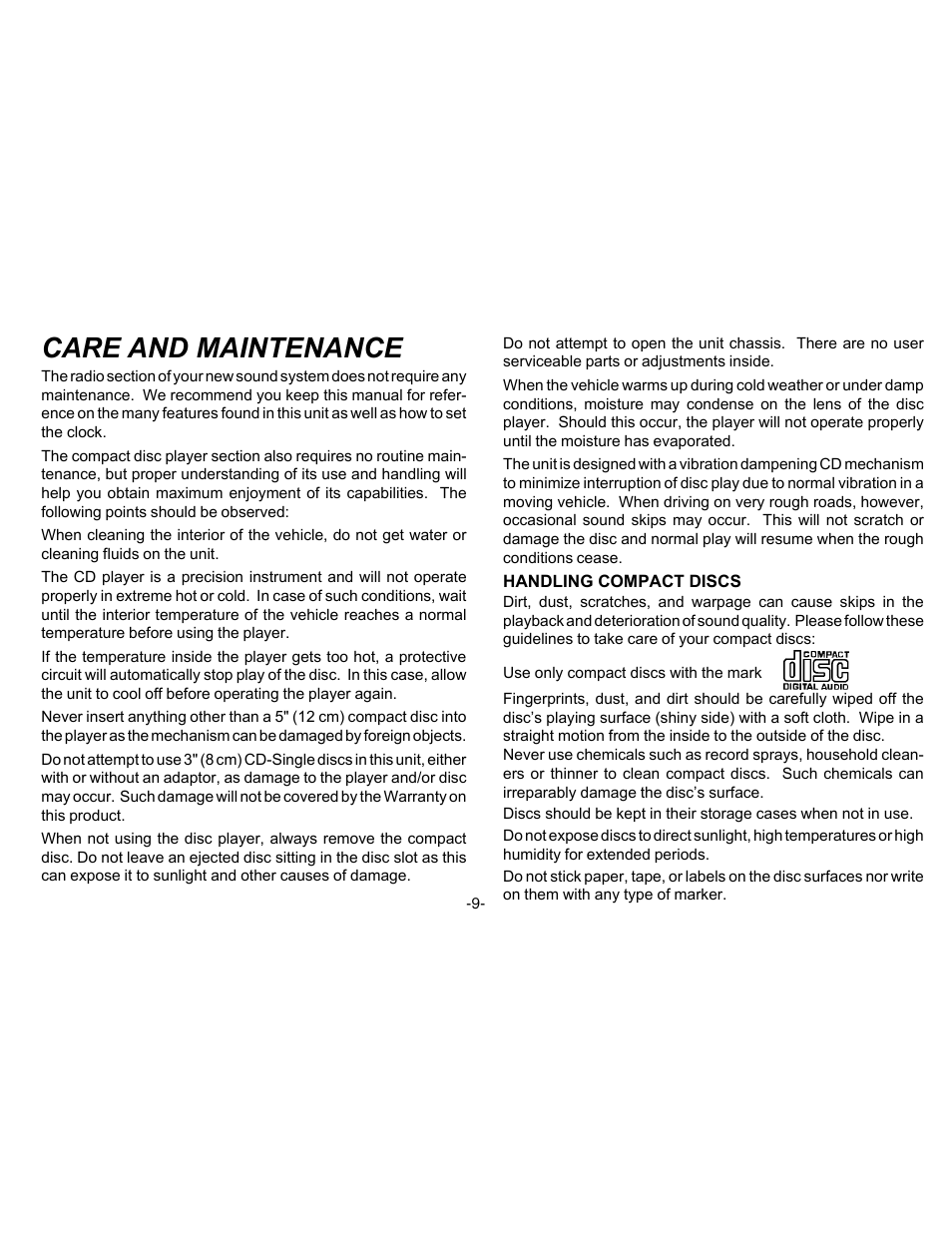 Care and maintenance | Audiovox P-88 User Manual | Page 10 / 32