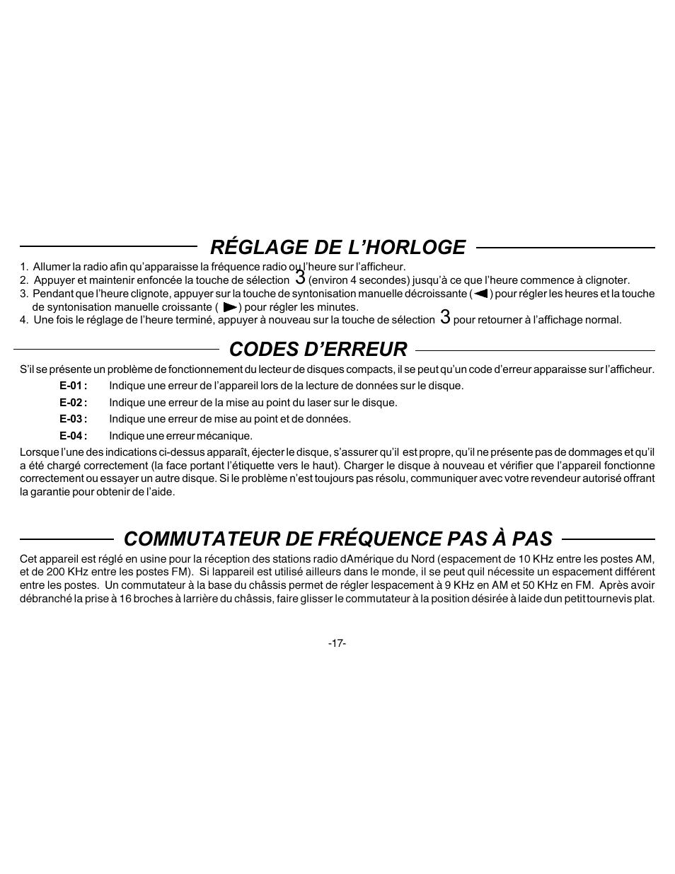 Réglage de l’horloge, Commutateur de fréquence pas à pas, Codes d’erreur | Audiovox P-88 User Manual | Page 18 / 32