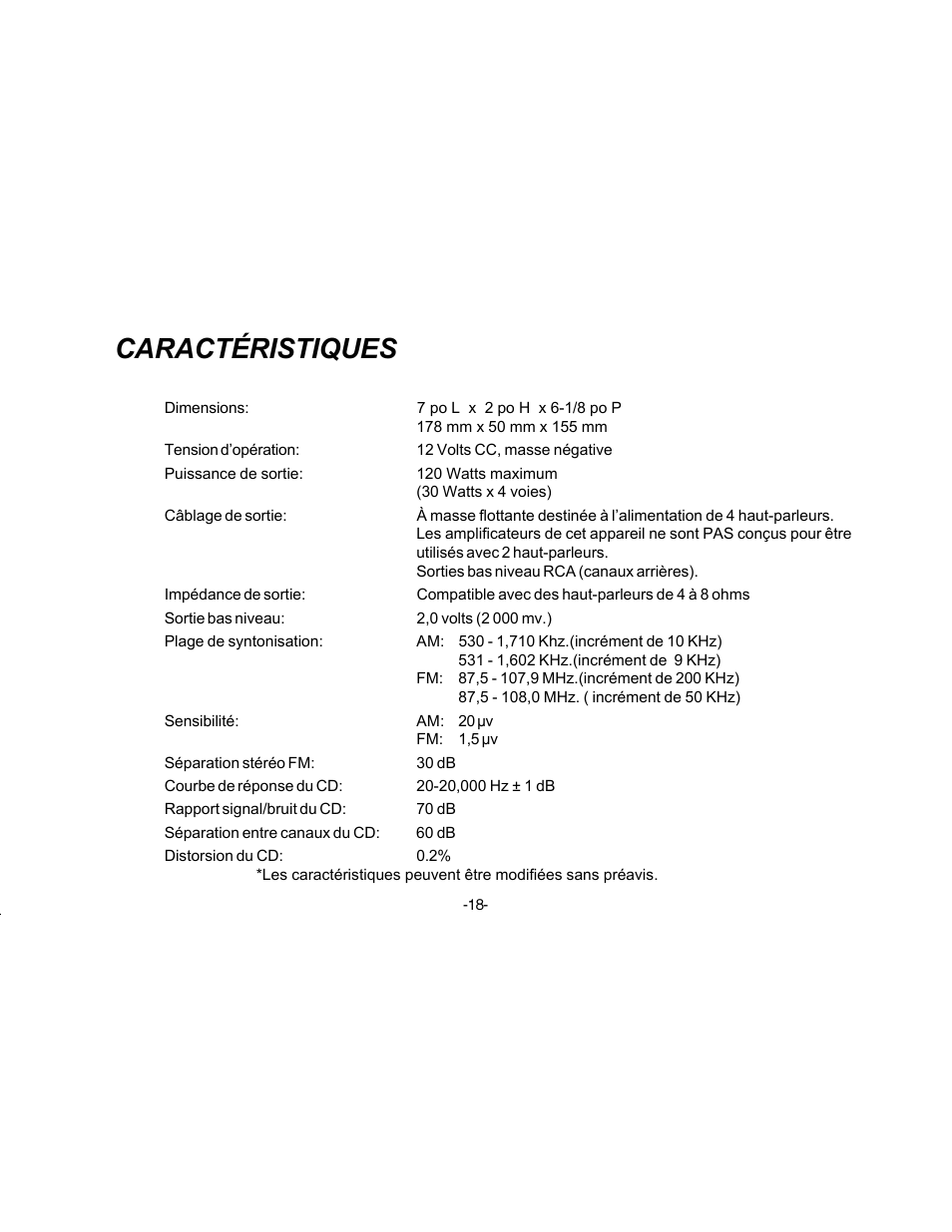 Caractéristiques | Audiovox P-88 User Manual | Page 19 / 32