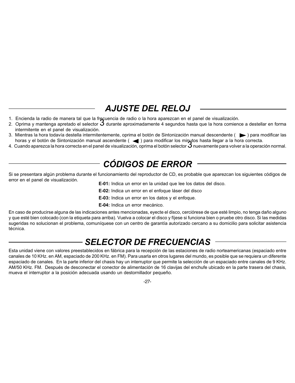 Ajuste del reloj, Selector de frecuencias, Códigos de error | Audiovox P-88 User Manual | Page 28 / 32