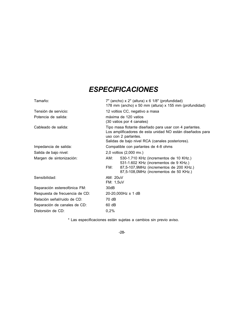 Especificaciones | Audiovox P-88 User Manual | Page 29 / 32