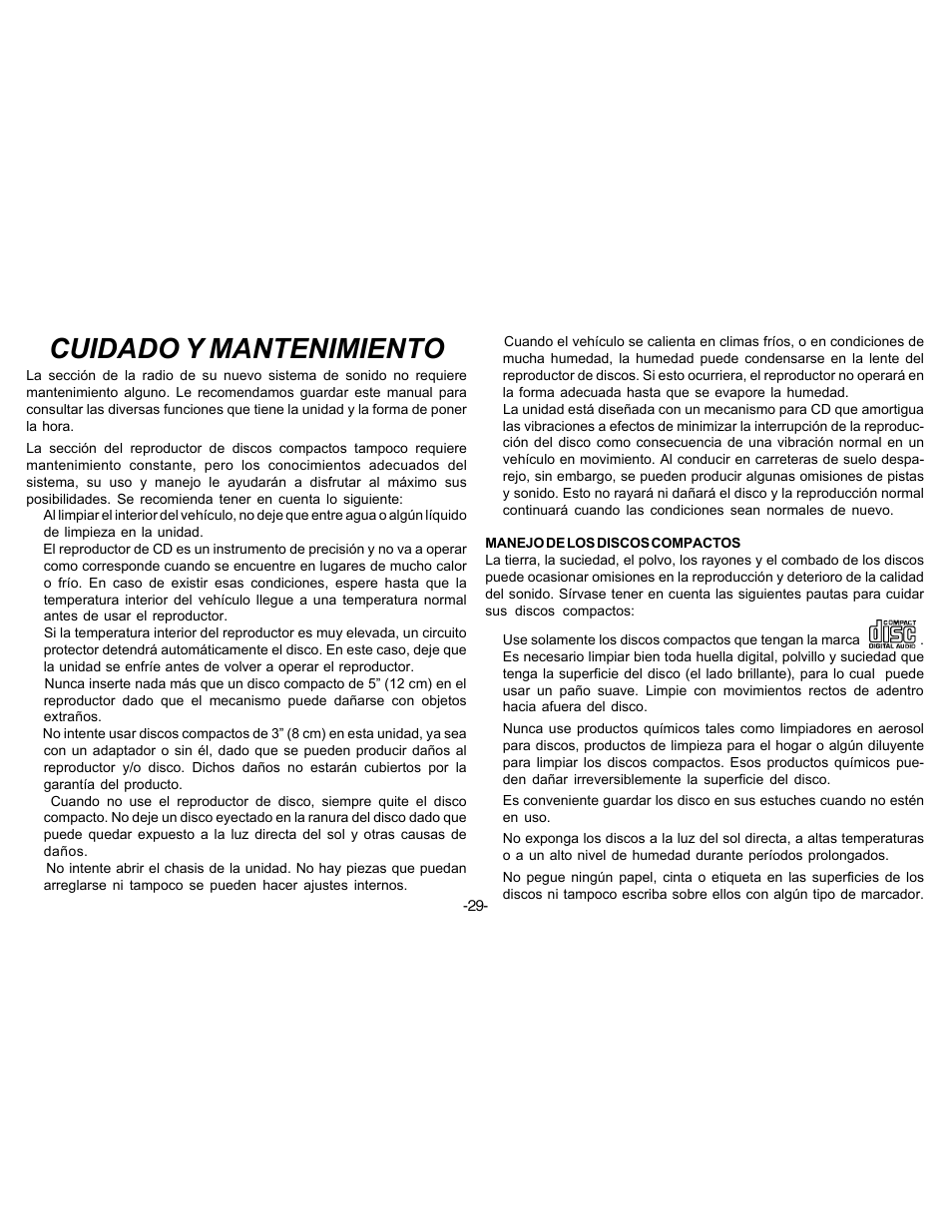 Cuidado y mantenimiento | Audiovox P-88 User Manual | Page 30 / 32