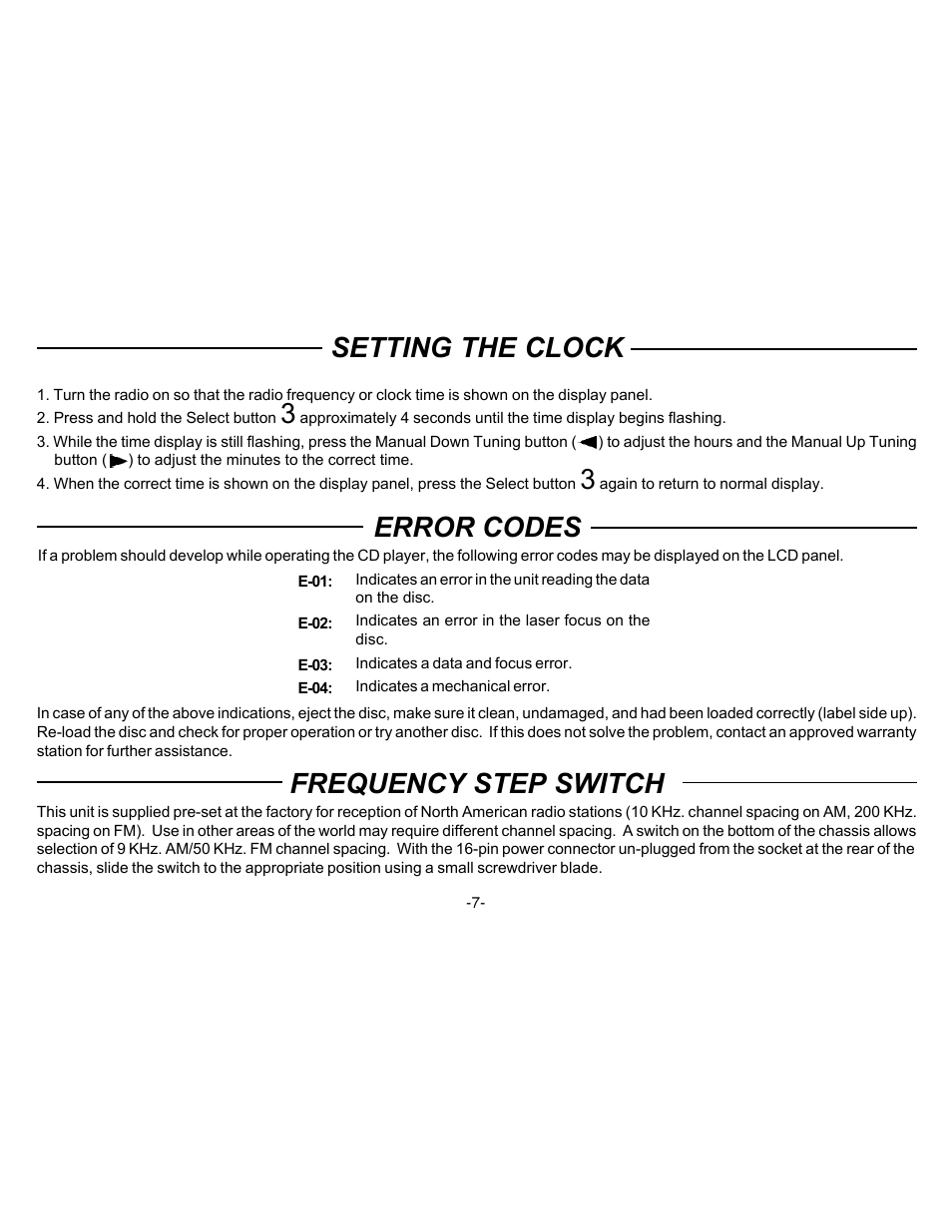 Setting the clock, Frequency step switch, Error codes | Audiovox P-88 User Manual | Page 8 / 32