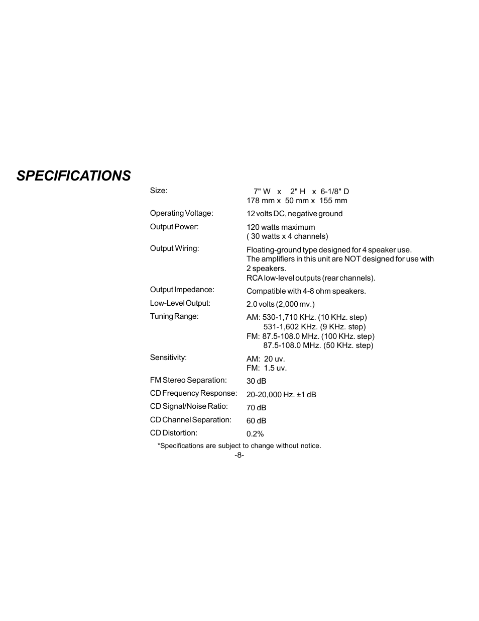 Specifications | Audiovox P-88 User Manual | Page 9 / 32