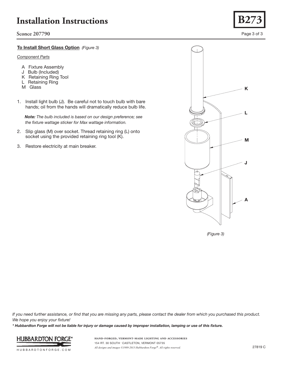 B273, Installation instructions | Hubbardton Forge 207790 User Manual | Page 3 / 3
