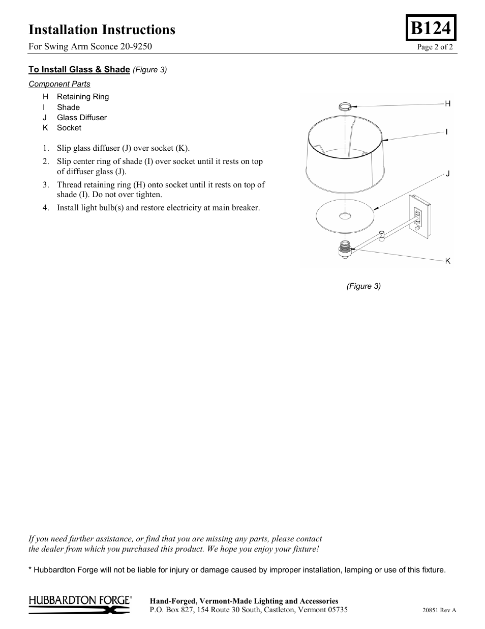 B124, Installation instructions | Hubbardton Forge 209250 User Manual | Page 2 / 2