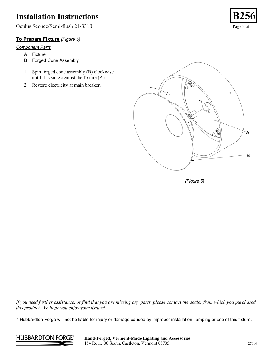 B256, Installation instructions | Hubbardton Forge 213310 User Manual | Page 3 / 3