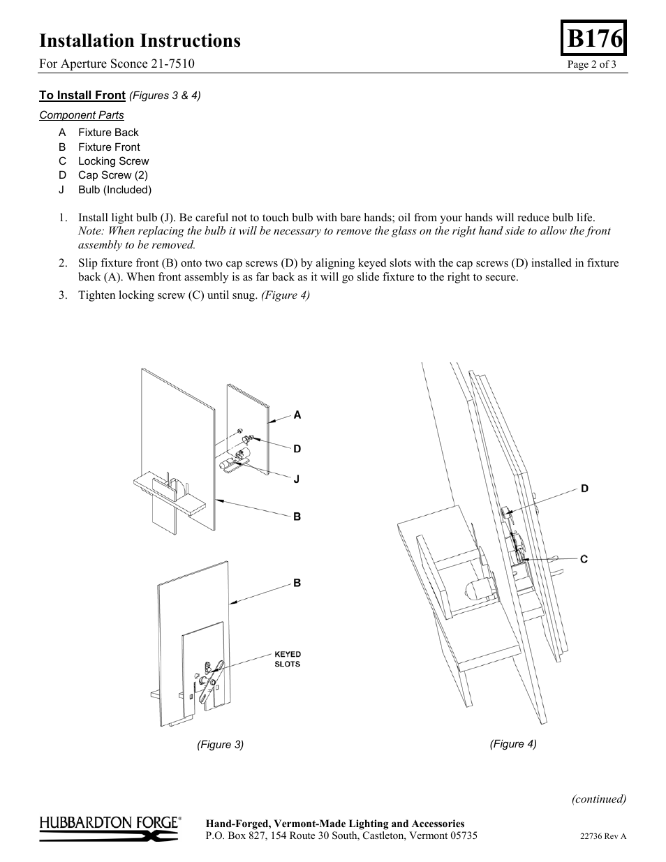 B176, Installation instructions | Hubbardton Forge 217510 User Manual | Page 2 / 3