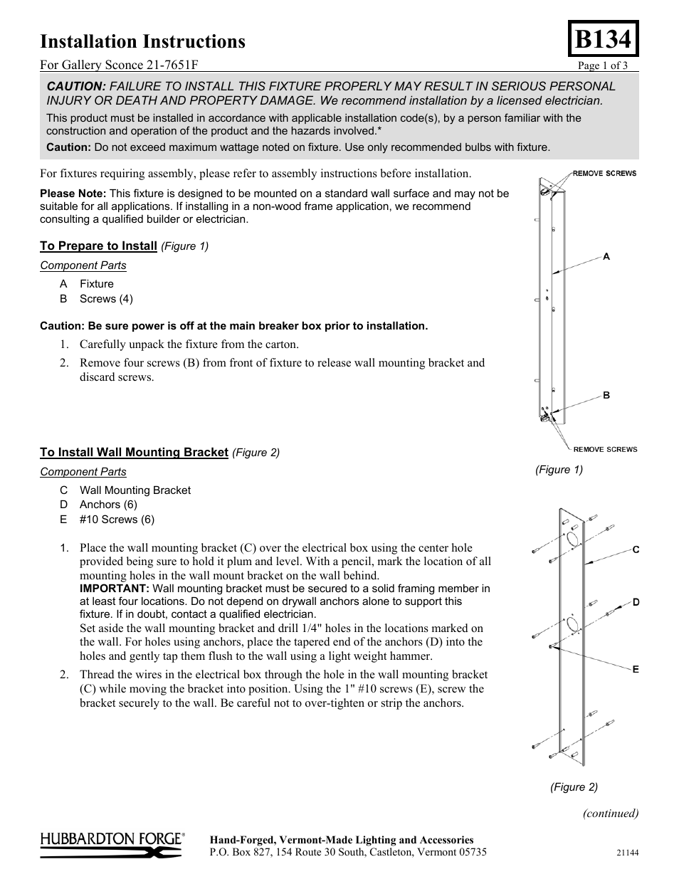 Hubbardton Forge 217651 User Manual | 3 pages