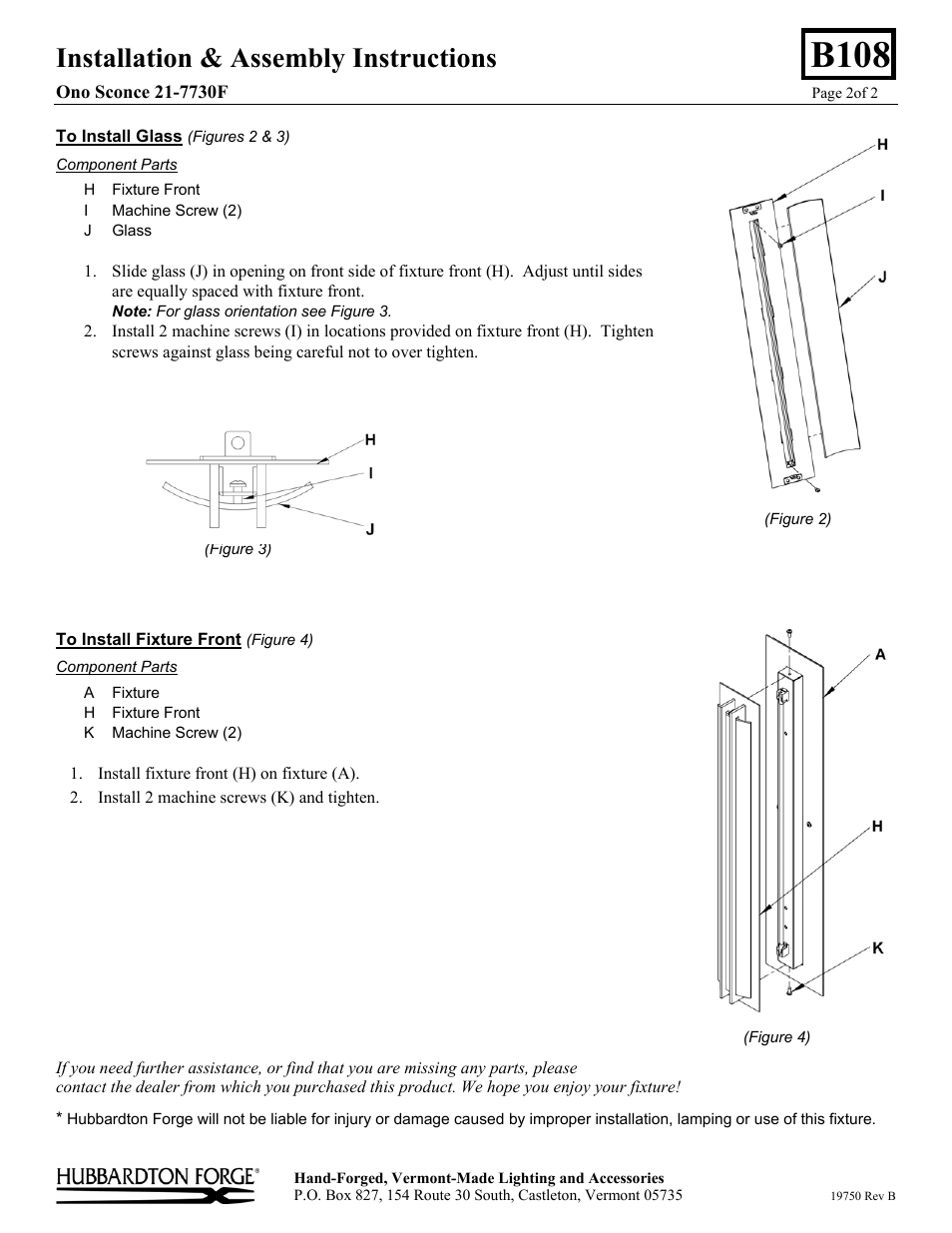 B108, Installation & assembly instructions | Hubbardton Forge 217730 User Manual | Page 2 / 2