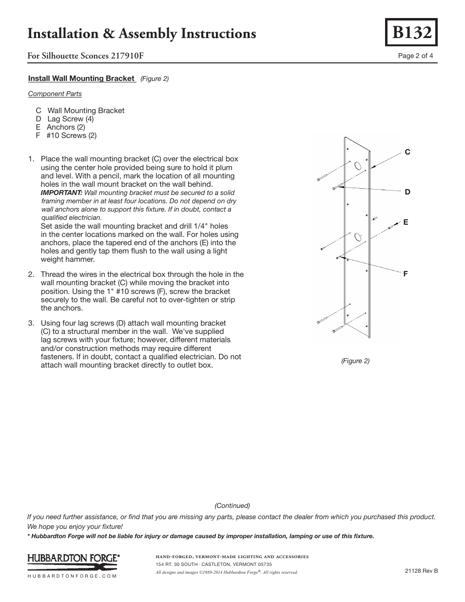 B132, Installation & assembly instructions | Hubbardton Forge 217910 User Manual | Page 2 / 4