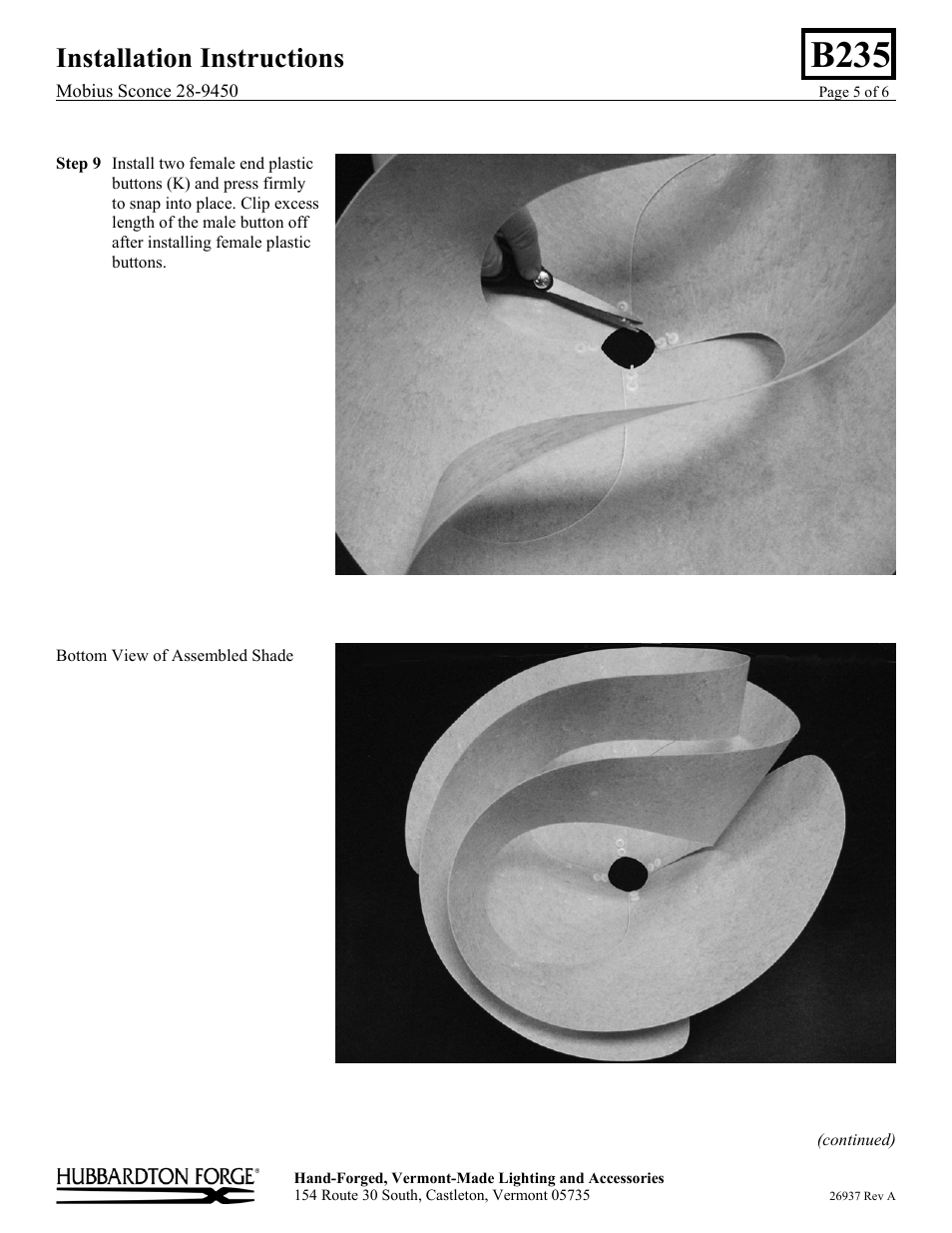 B235, Installation instructions | Hubbardton Forge 289450 User Manual | Page 5 / 6