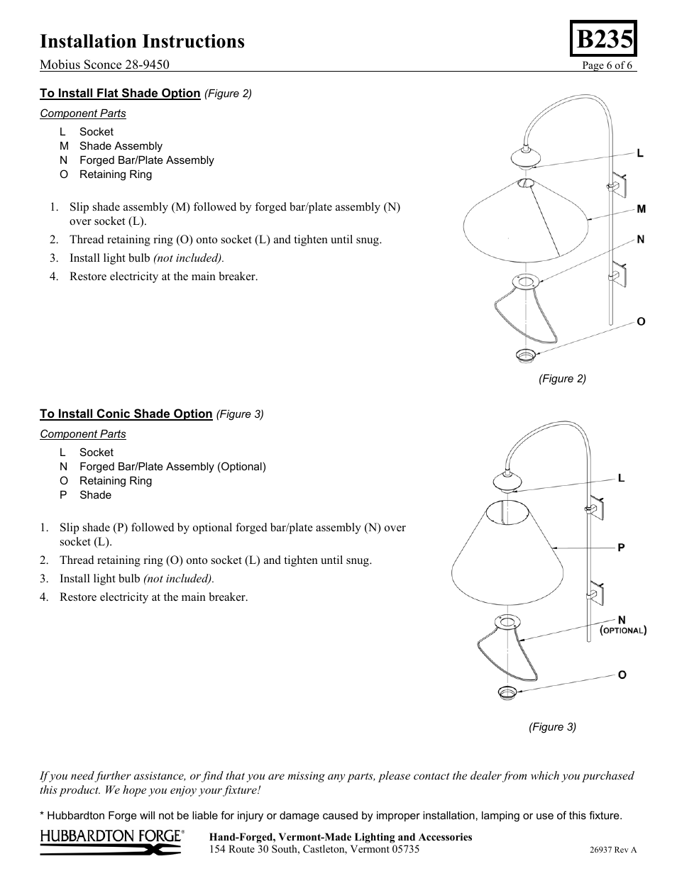 B235, Installation instructions | Hubbardton Forge 289450 User Manual | Page 6 / 6