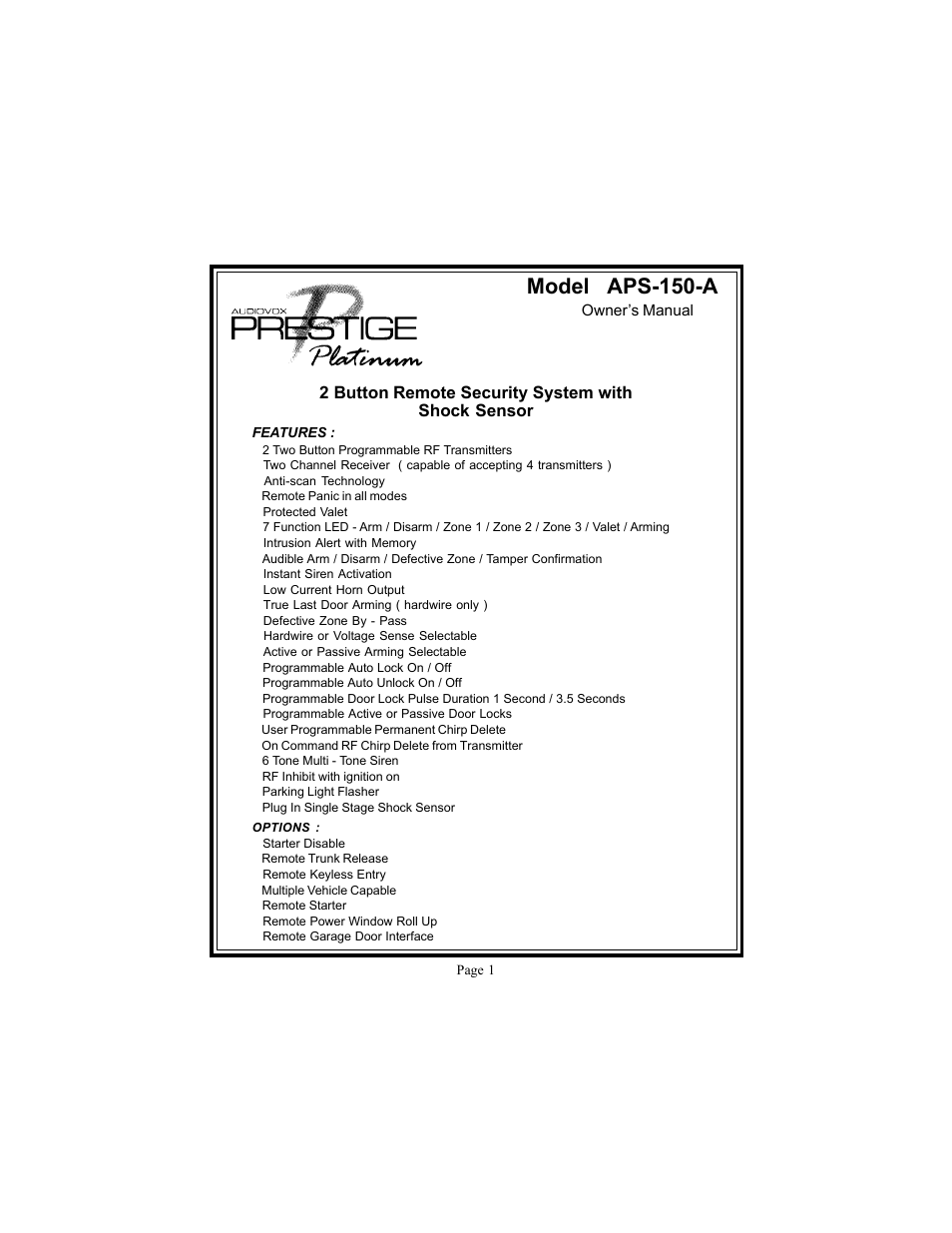 Audiovox Prestige Platinum APS-150-A User Manual | 21 pages