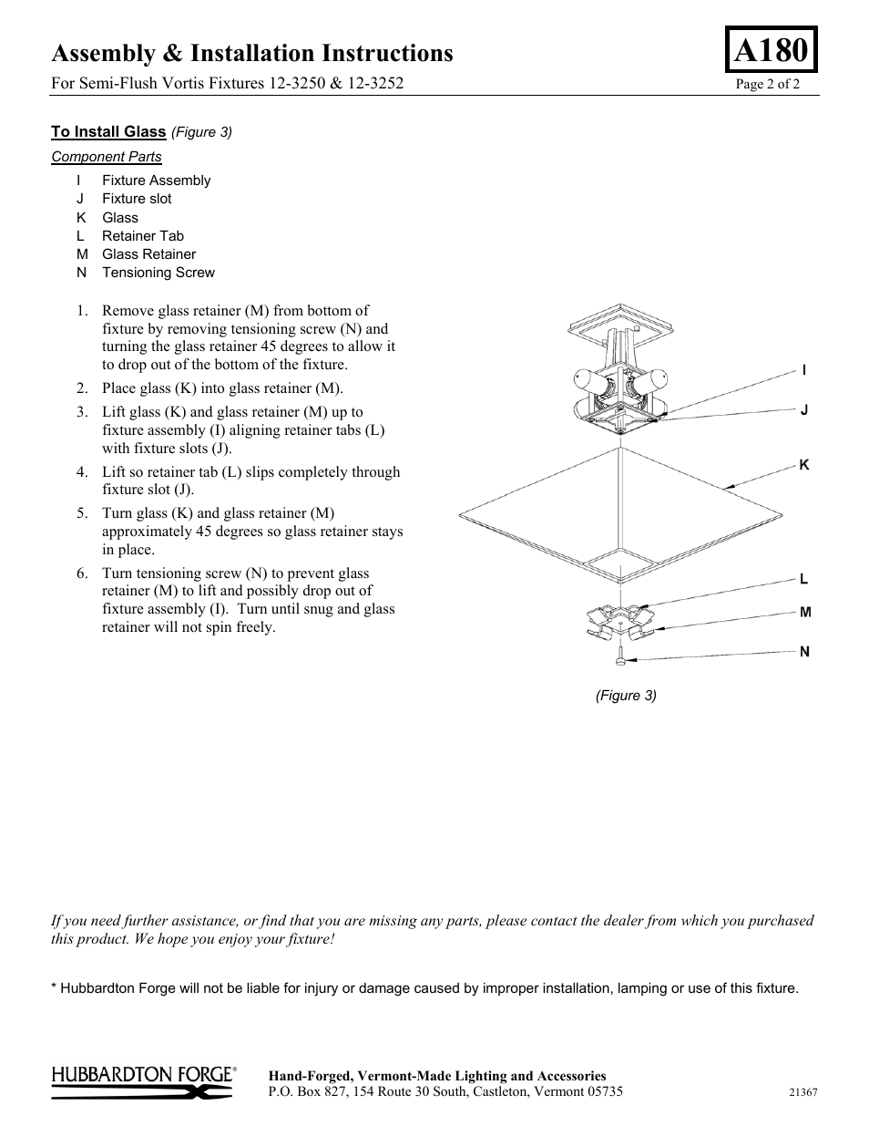 A180, Assembly & installation instructions | Hubbardton Forge 123252 User Manual | Page 2 / 2