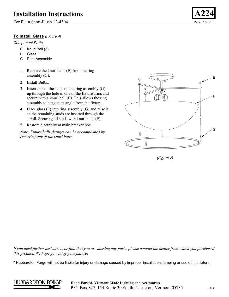 A224, Installation instructions | Hubbardton Forge 124304 User Manual | Page 2 / 2