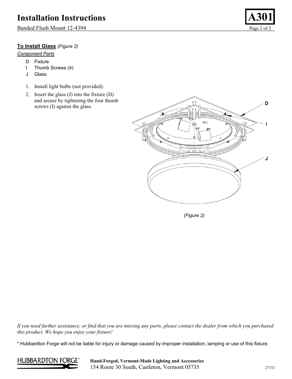 A301, Installation instructions | Hubbardton Forge 124394 User Manual | Page 2 / 2