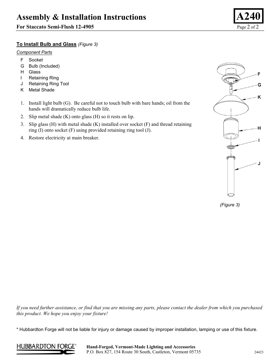 A240, Assembly & installation instructions | Hubbardton Forge 124905 User Manual | Page 2 / 2