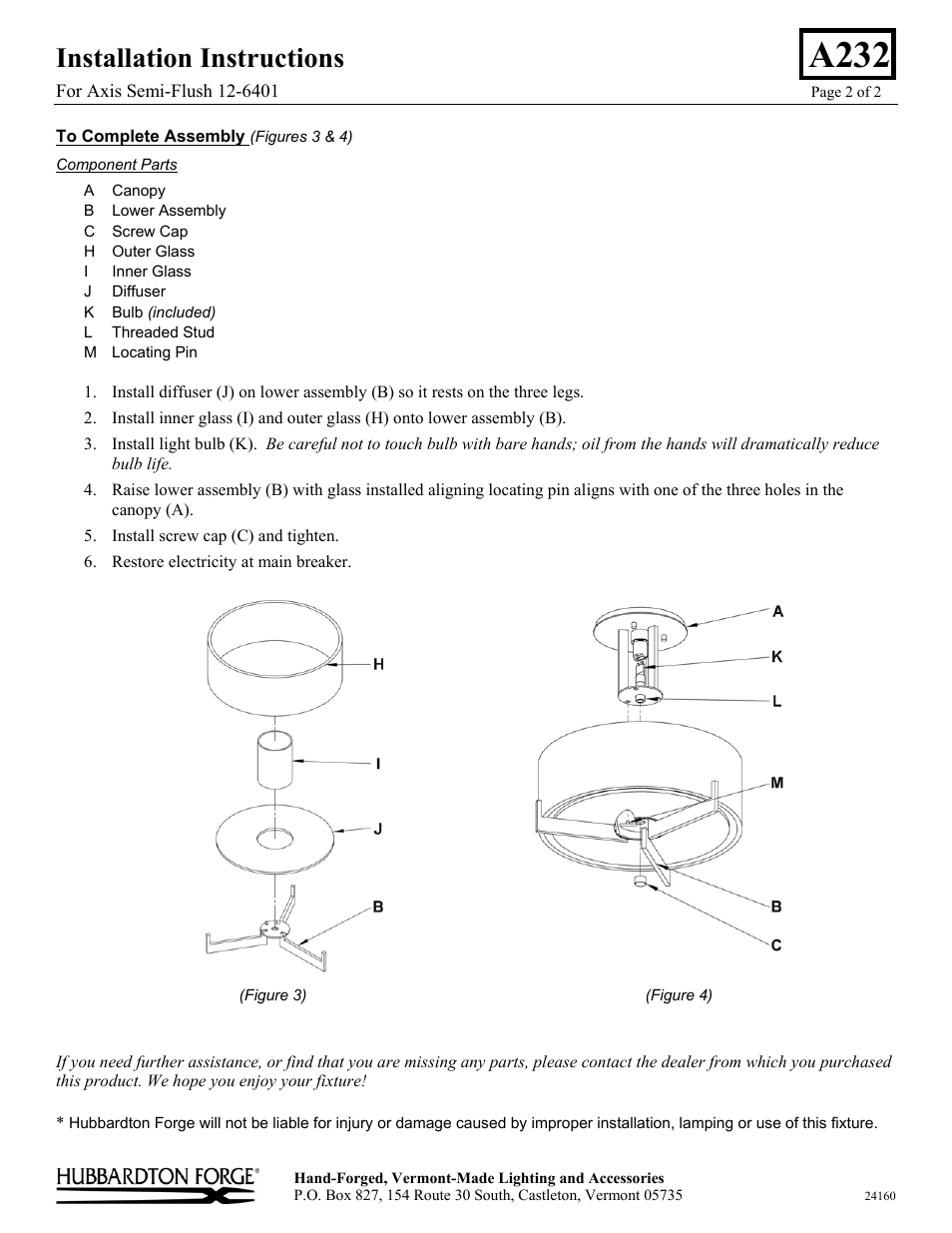 A232, Installation instructions | Hubbardton Forge 126401 User Manual | Page 2 / 2
