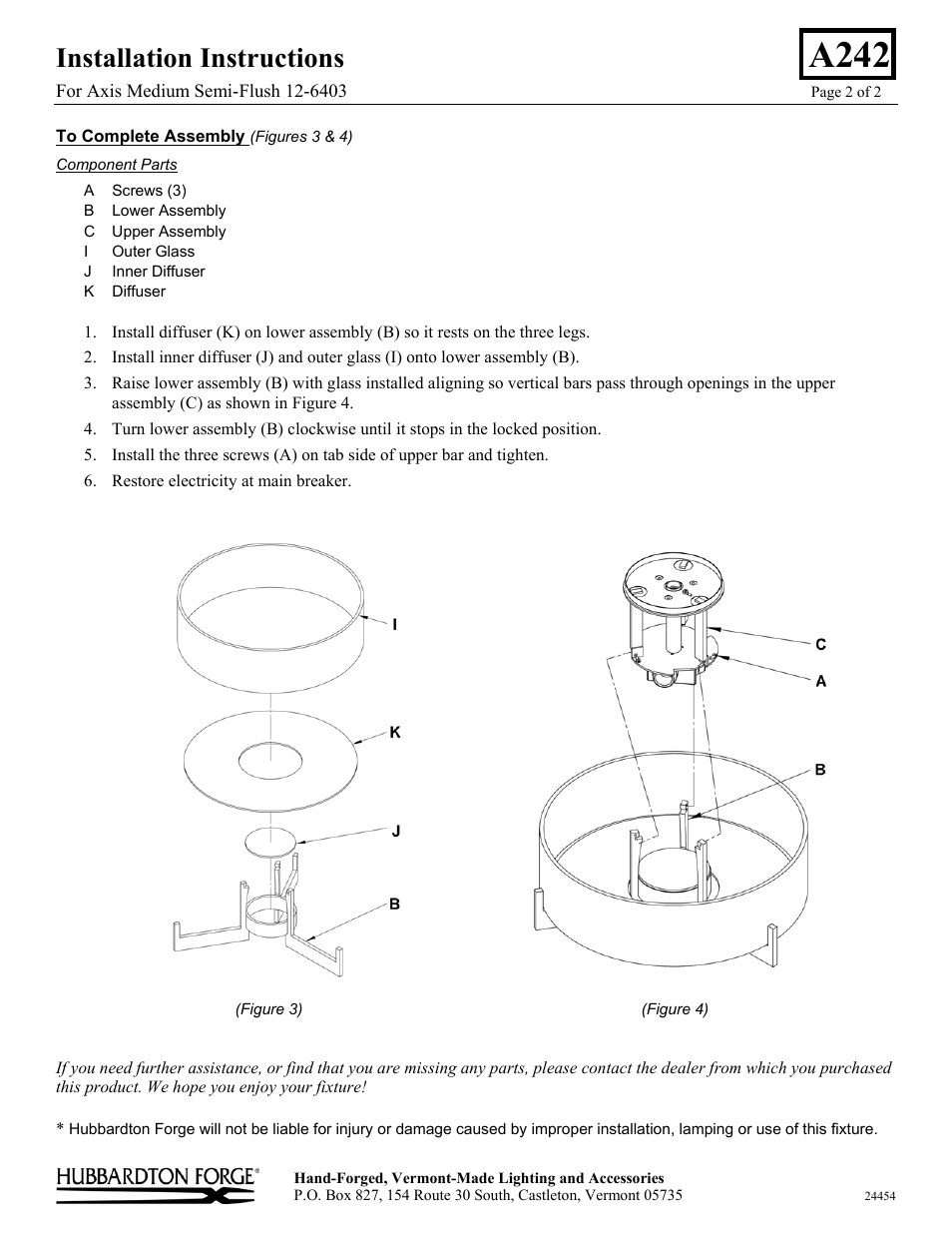 A242, Installation instructions | Hubbardton Forge 126403 User Manual | Page 2 / 2