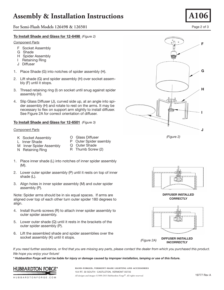 A106, Assembly & installation instructions | Hubbardton Forge 126501 User Manual | Page 2 / 3
