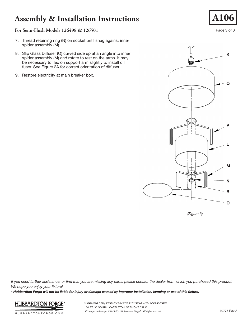 A106, Assembly & installation instructions | Hubbardton Forge 126501 User Manual | Page 3 / 3