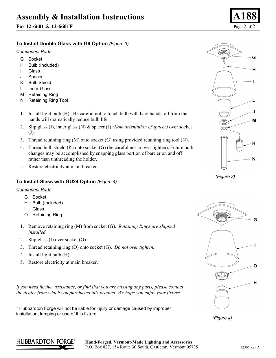 A188, Assembly & installation instructions | Hubbardton Forge 126601 User Manual | Page 2 / 2