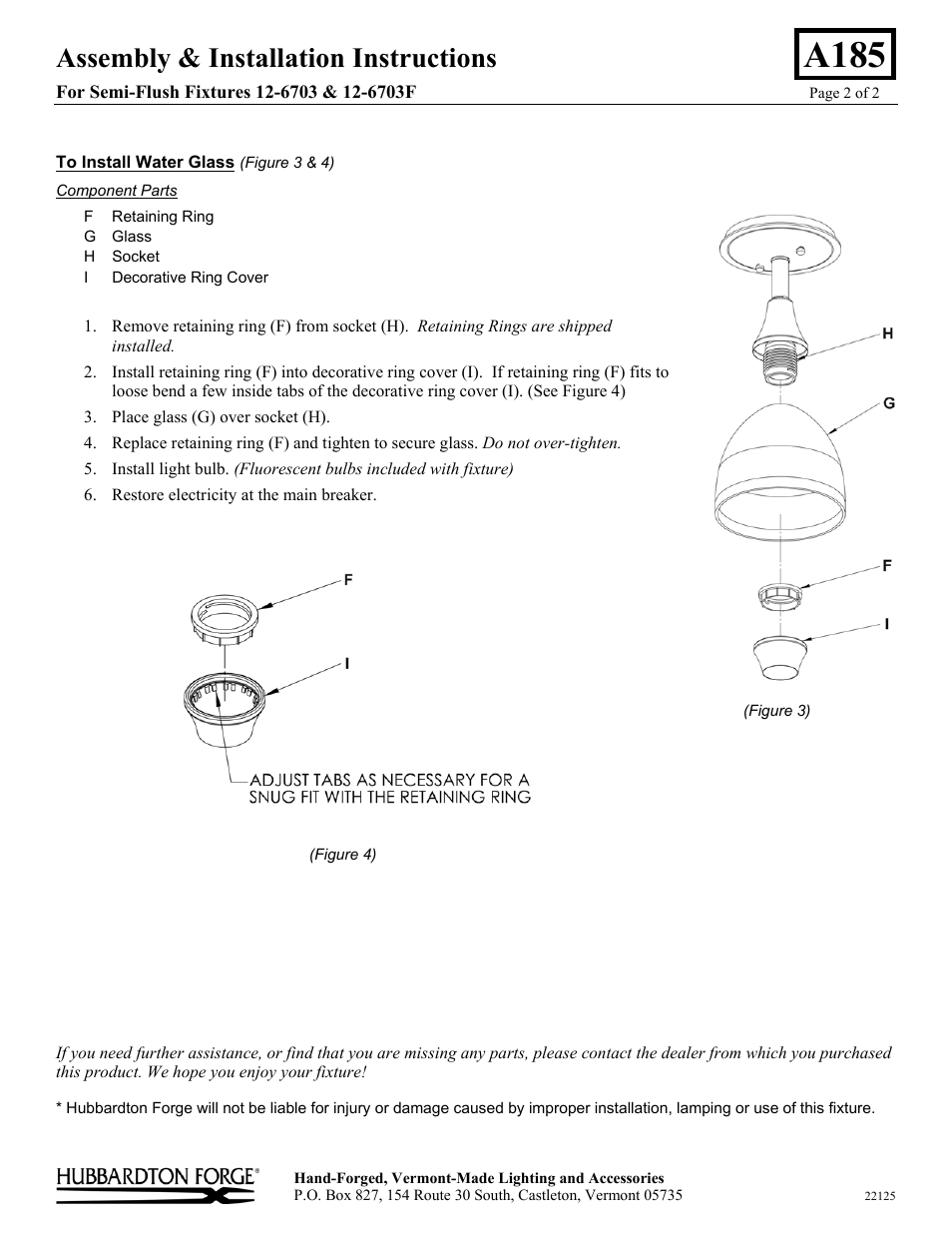 A185, Assembly & installation instructions | Hubbardton Forge 126703 User Manual | Page 2 / 2