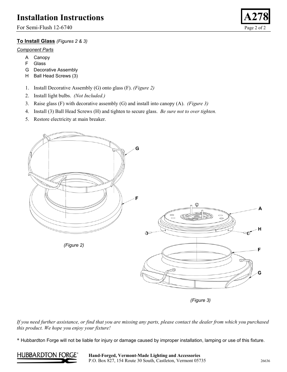 A278, Installation instructions | Hubbardton Forge 126740 User Manual | Page 2 / 2