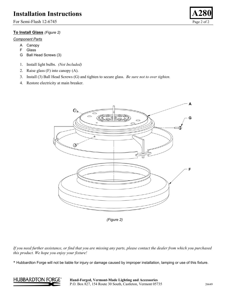 A280, Installation instructions | Hubbardton Forge 126745 User Manual | Page 2 / 2