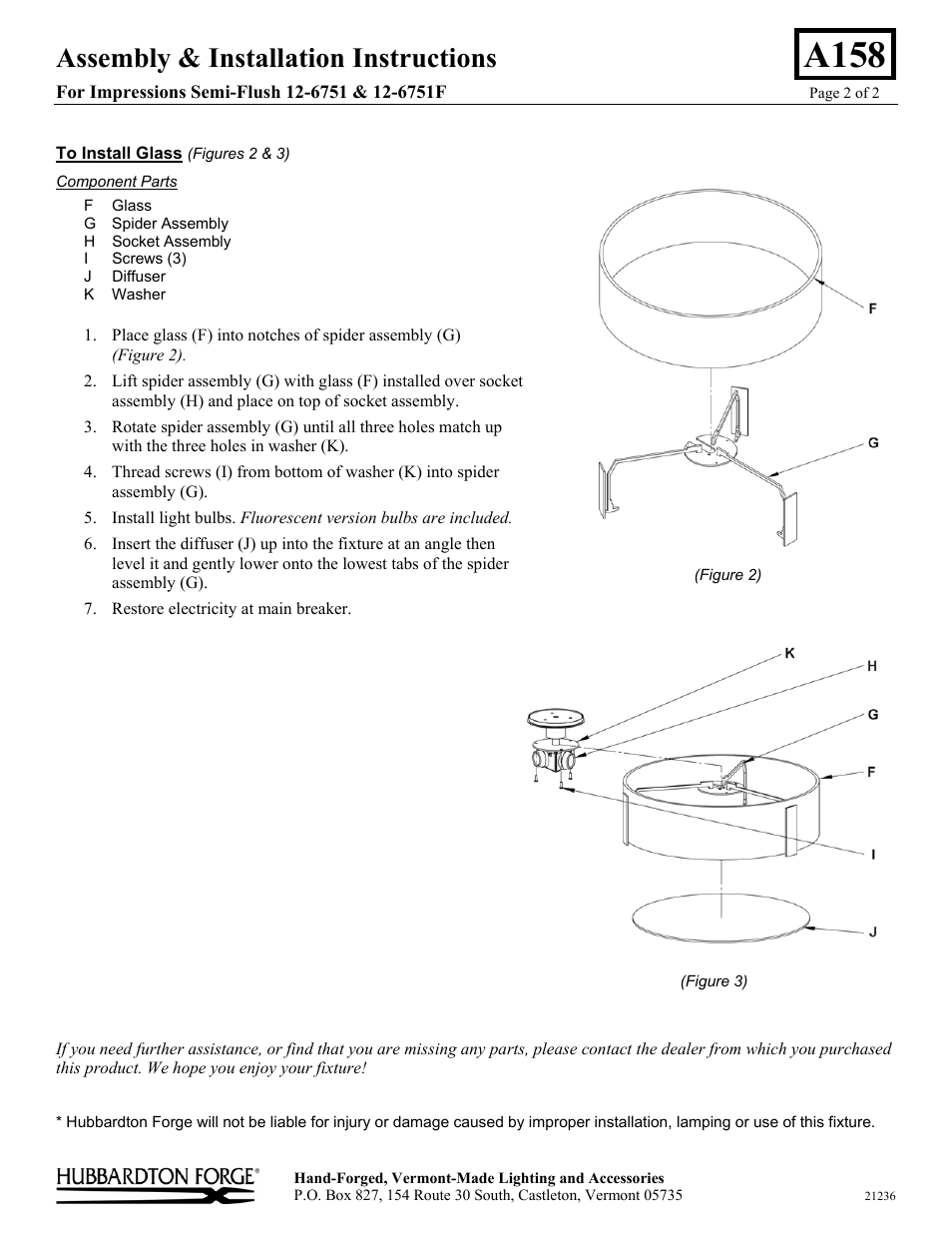 A158, Assembly & installation instructions | Hubbardton Forge 126751 User Manual | Page 2 / 2
