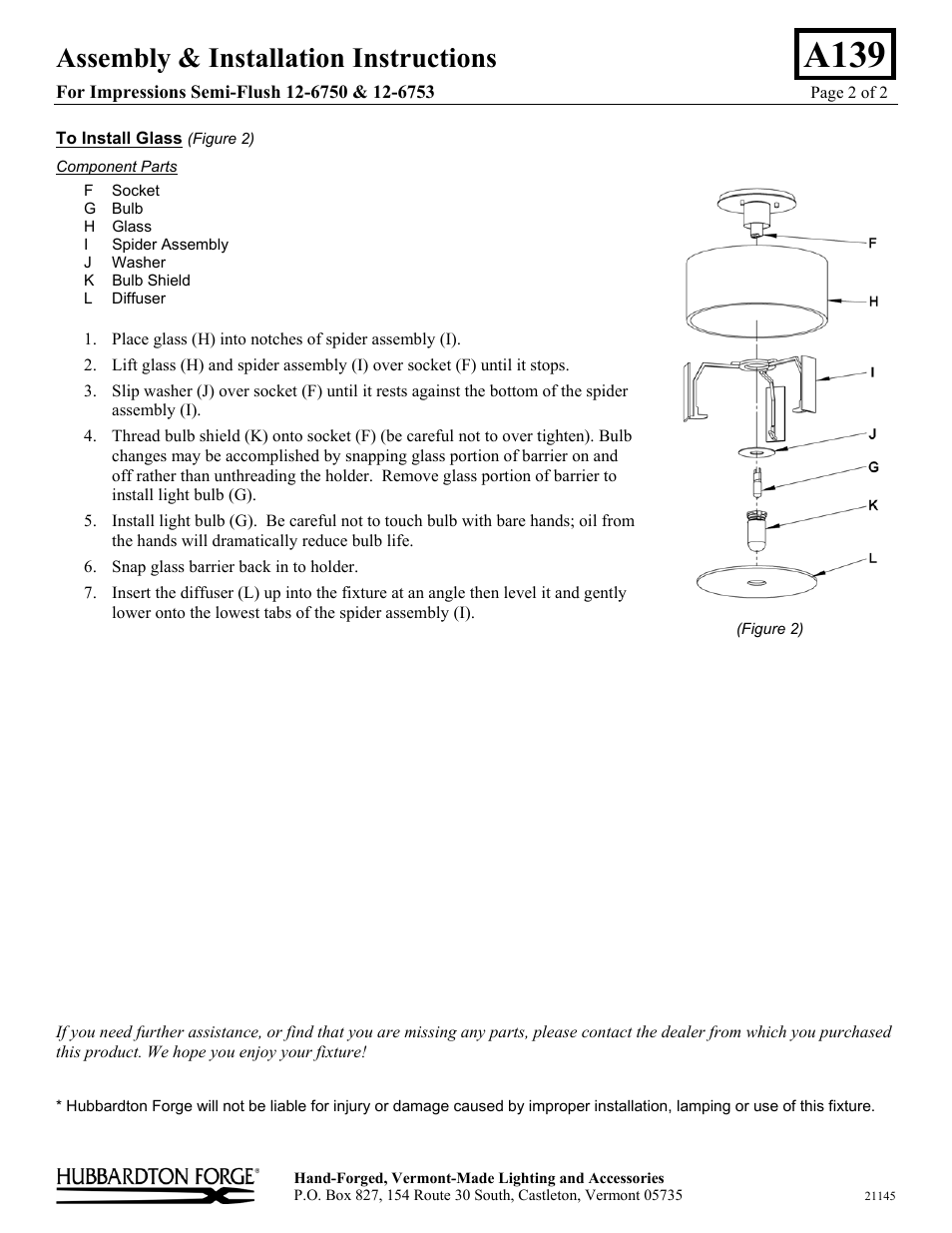 A139, Assembly & installation instructions | Hubbardton Forge 126753 User Manual | Page 2 / 2