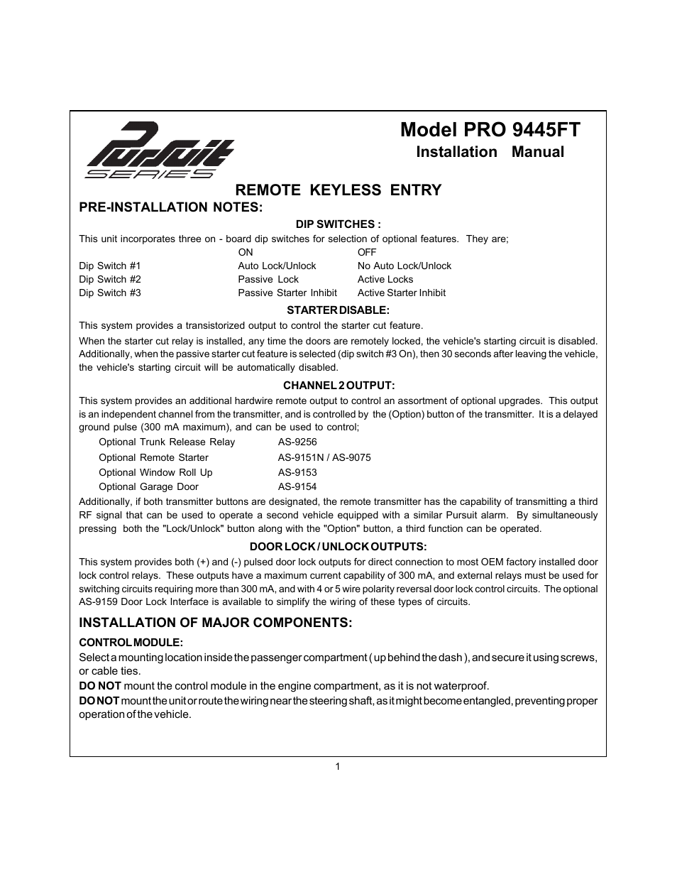 Audiovox PRO 9445FT User Manual | 4 pages
