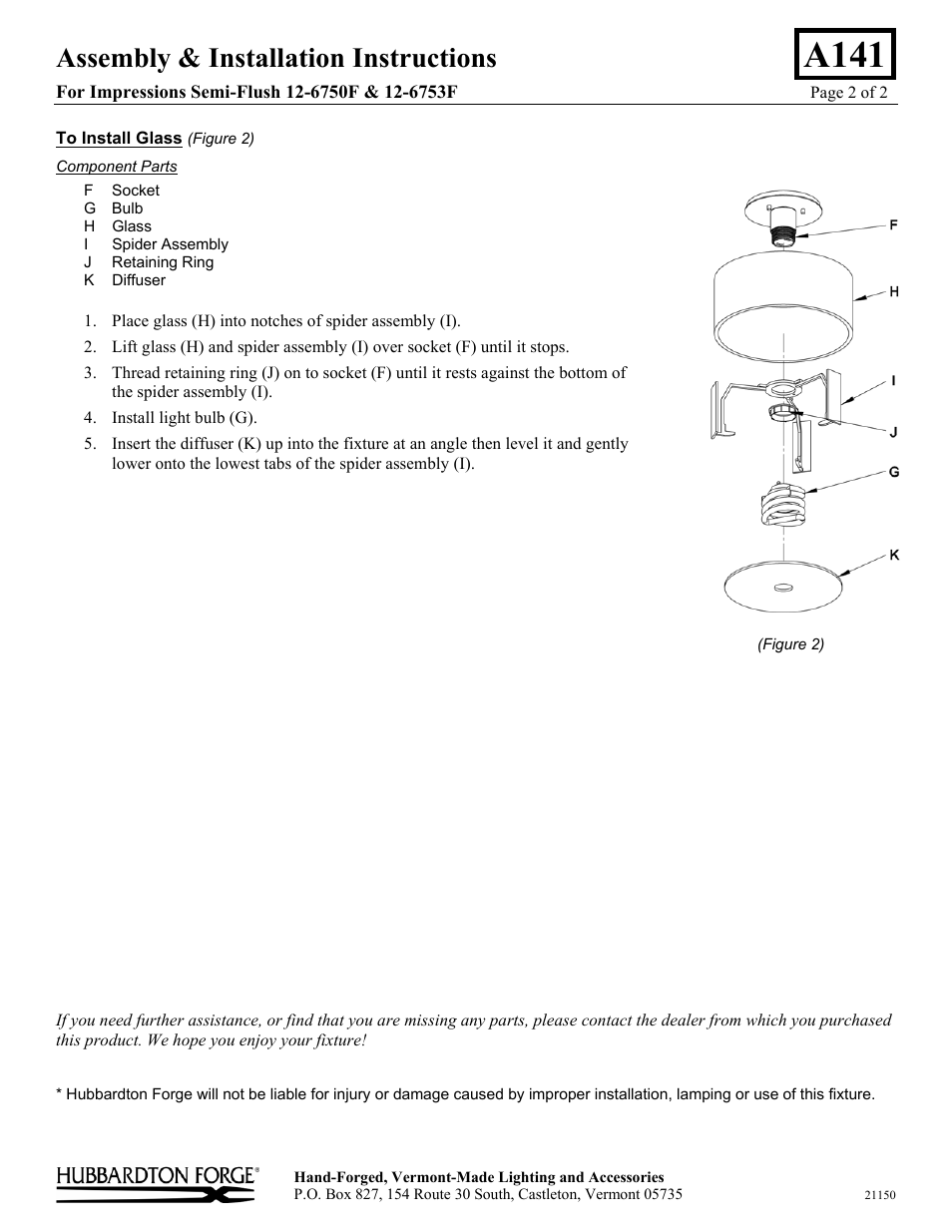 A141, Assembly & installation instructions | Hubbardton Forge 126753F User Manual | Page 2 / 2