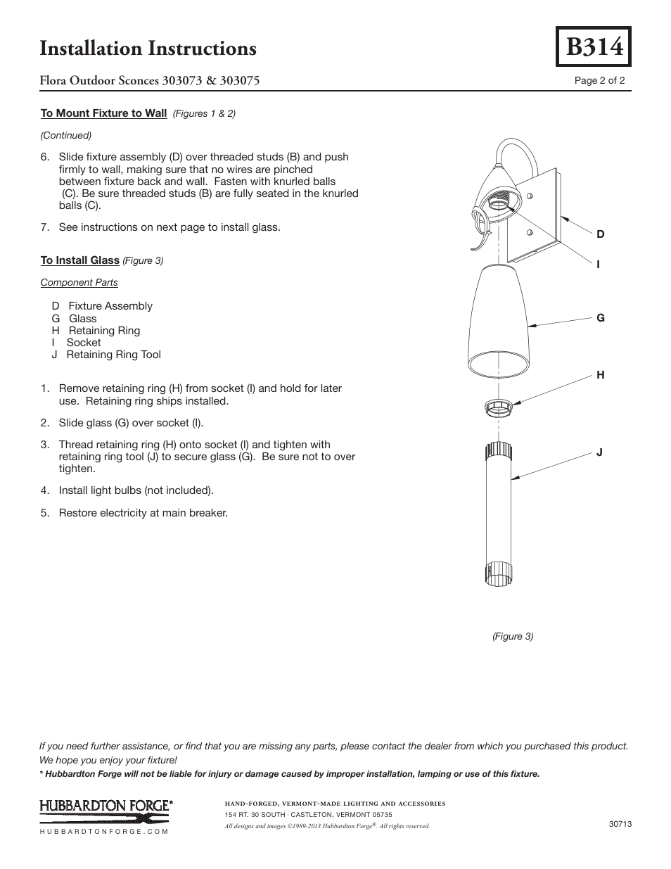 B314, Installation instructions | Hubbardton Forge 303075 User Manual | Page 2 / 2