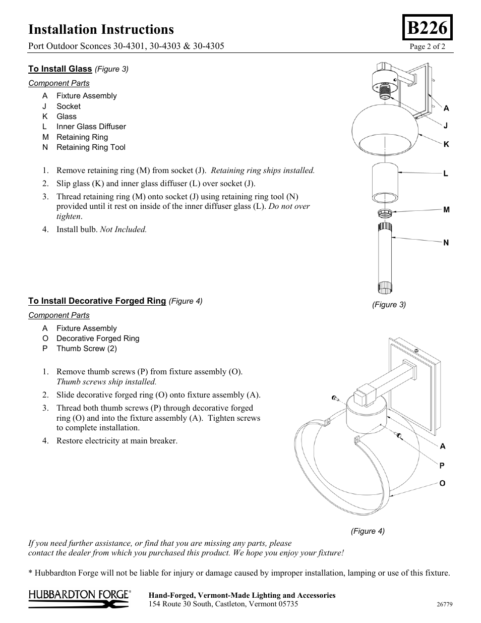 B226, Installation instructions | Hubbardton Forge 304305 User Manual | Page 2 / 2