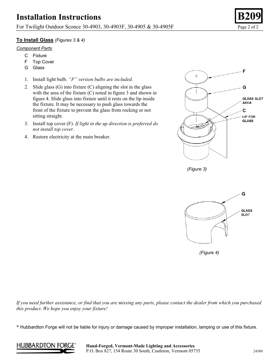 B209, Installation instructions | Hubbardton Forge 304905 User Manual | Page 2 / 2