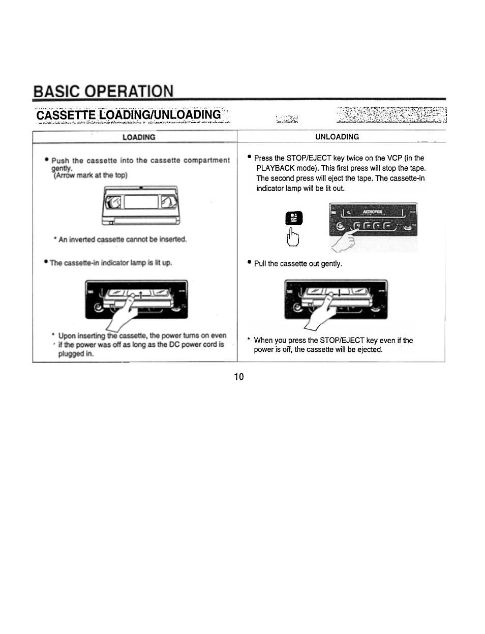 Basic operation, Cassette loàdìnig/untó | Audiovox AVP7000 User Manual | Page 13 / 29