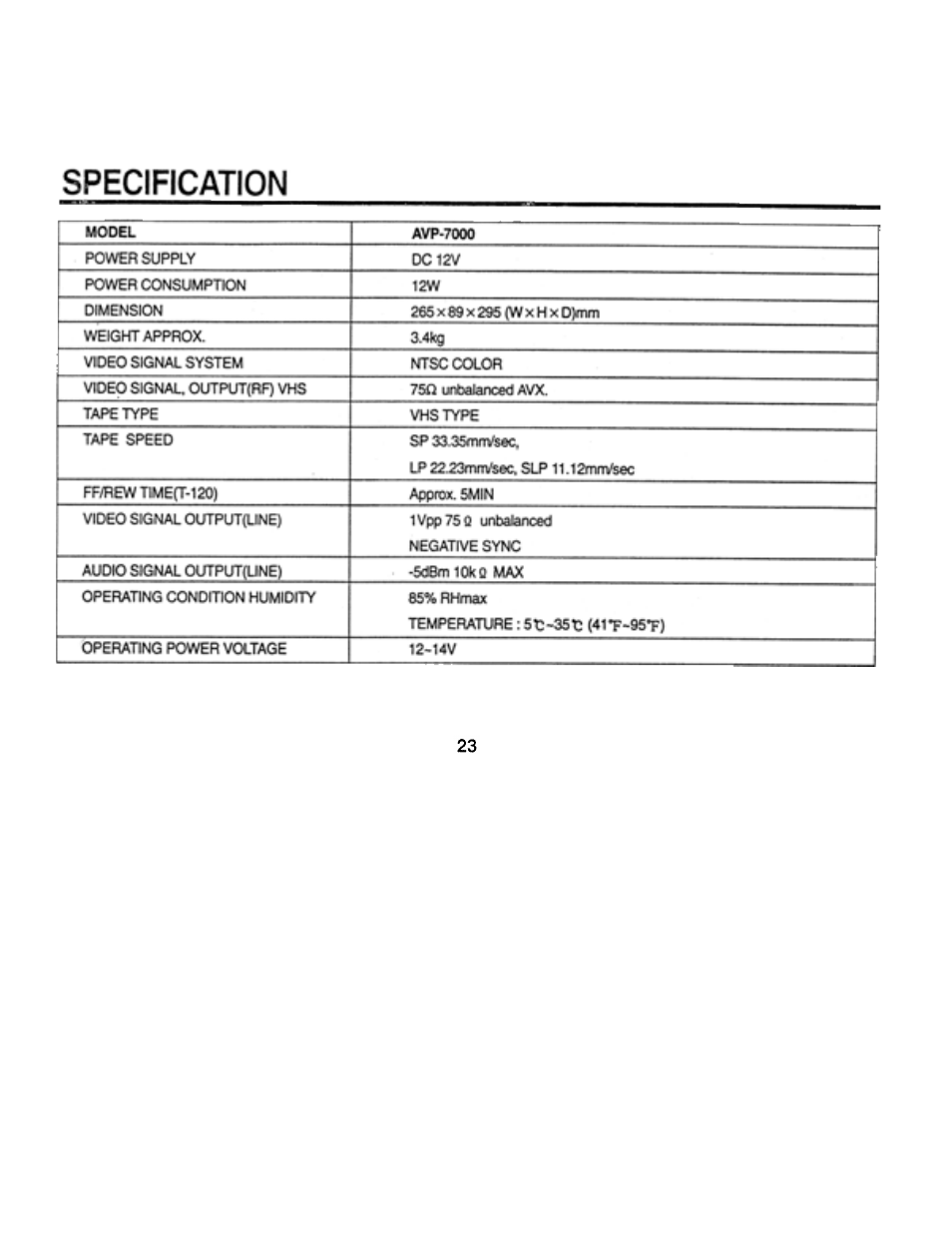 Specification | Audiovox AVP7000 User Manual | Page 26 / 29