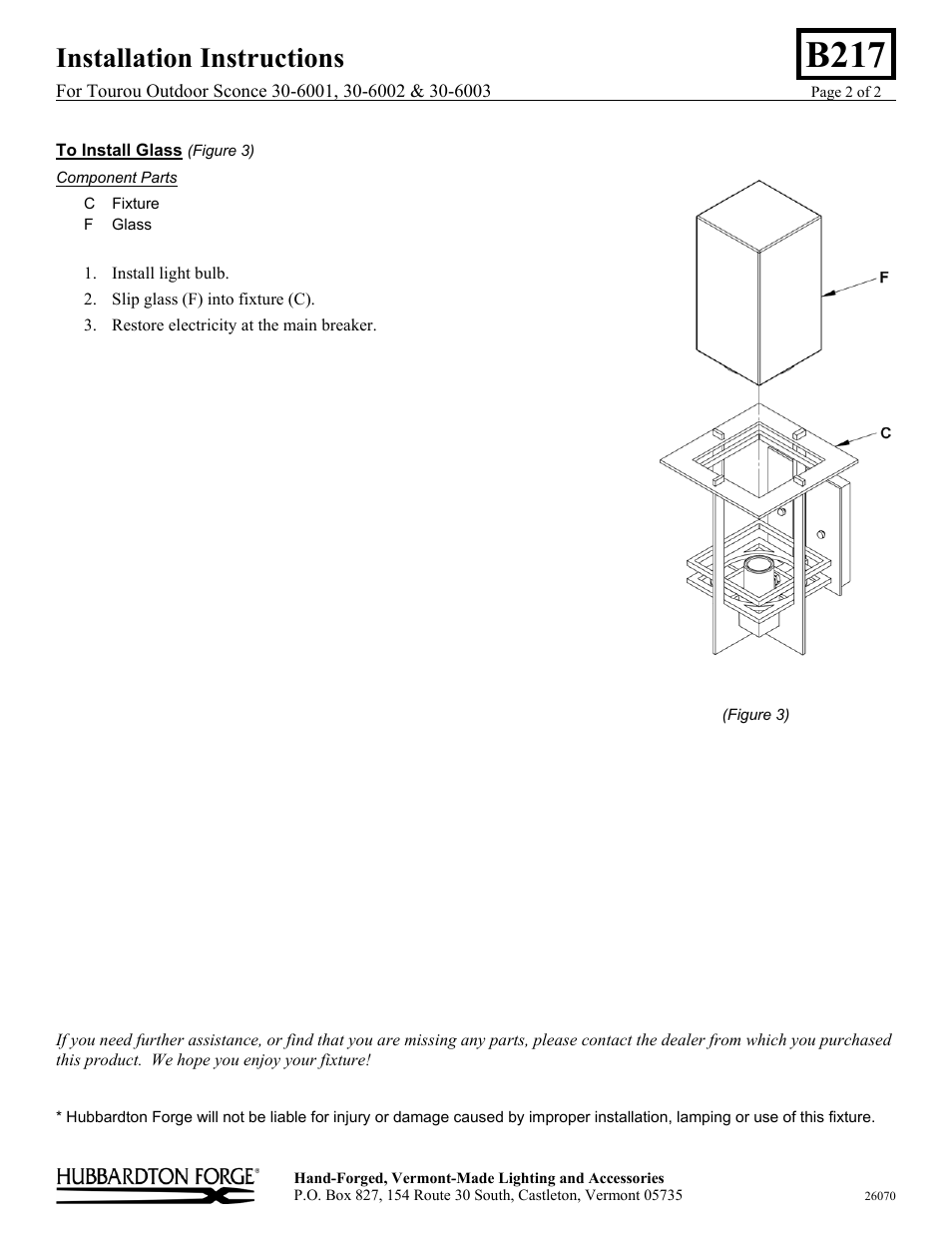 B217, Installation instructions | Hubbardton Forge 306003 User Manual | Page 2 / 2