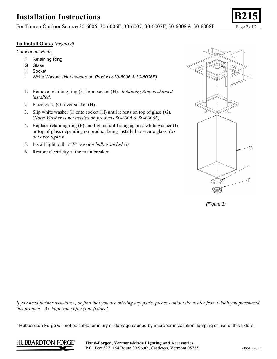 B215, Installation instructions | Hubbardton Forge 306008 User Manual | Page 2 / 2