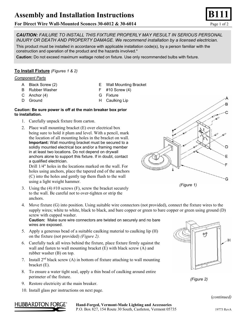 Hubbardton Forge 306014 User Manual | 2 pages