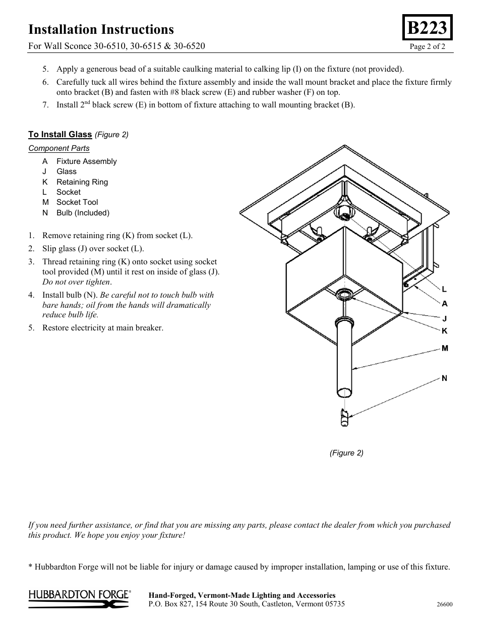 B223, Installation instructions | Hubbardton Forge 306520 User Manual | Page 2 / 2
